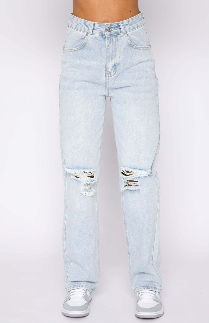 Damer High-Waist Jeans i afslappet Loose-Fit stil med iøjnefaldende Ripped-detaljer Stilla