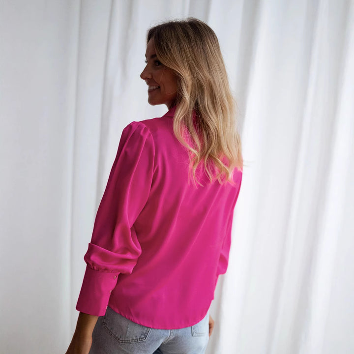 Dame Elegant Silketop med dyb V-hals og klassisk krave Stilla
