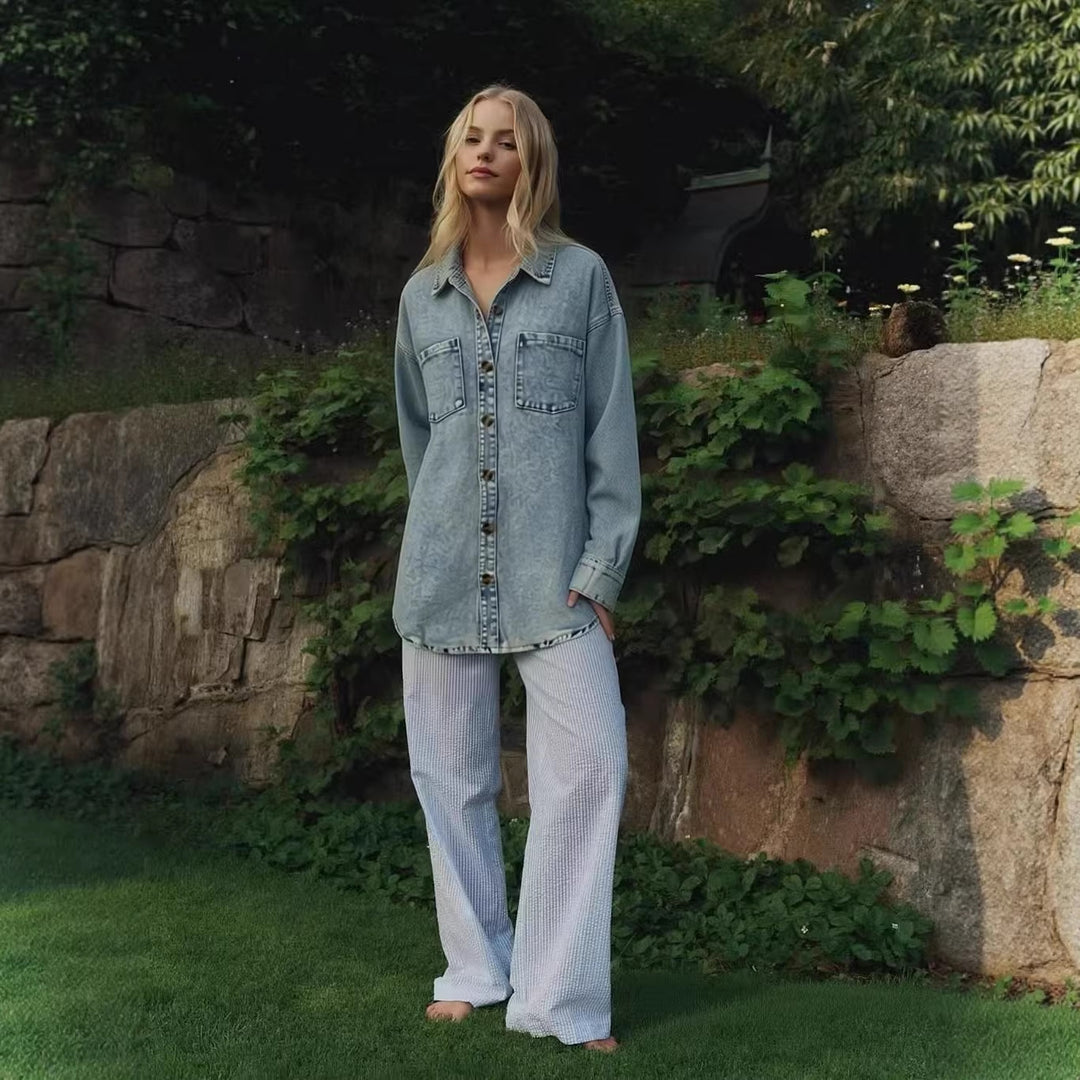 Dame Oversized Denim-Skjorte med påsatte lommer Skovae