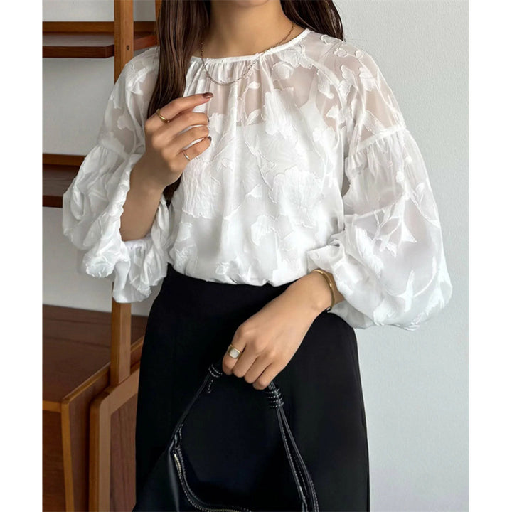 Dame Gennemsigtig Blomster Puffærmer Bluse Stilla