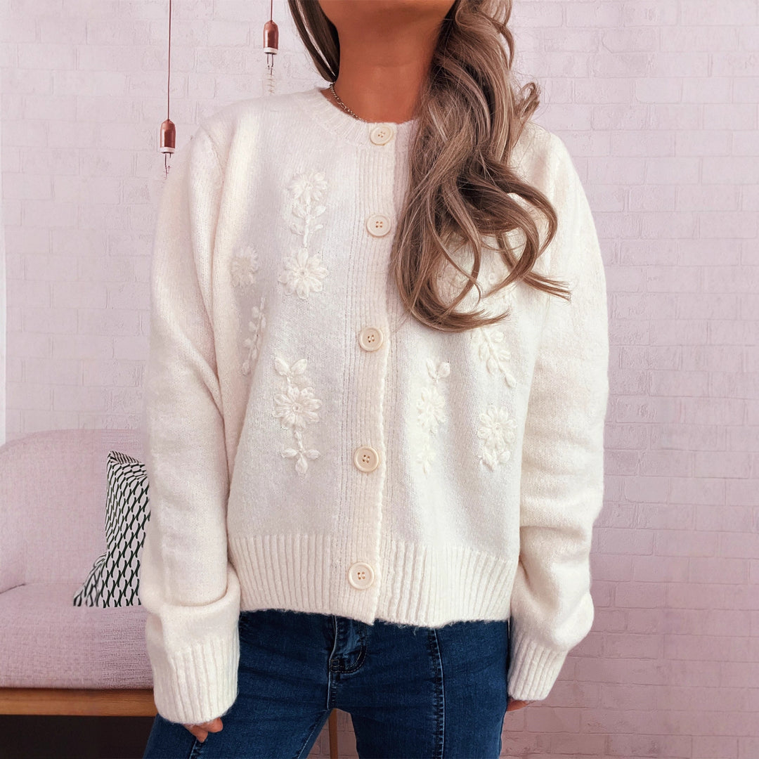 Kvinders løstsiddende strik cardigan med blomsterapplikationer og knapdetaljer Stilla