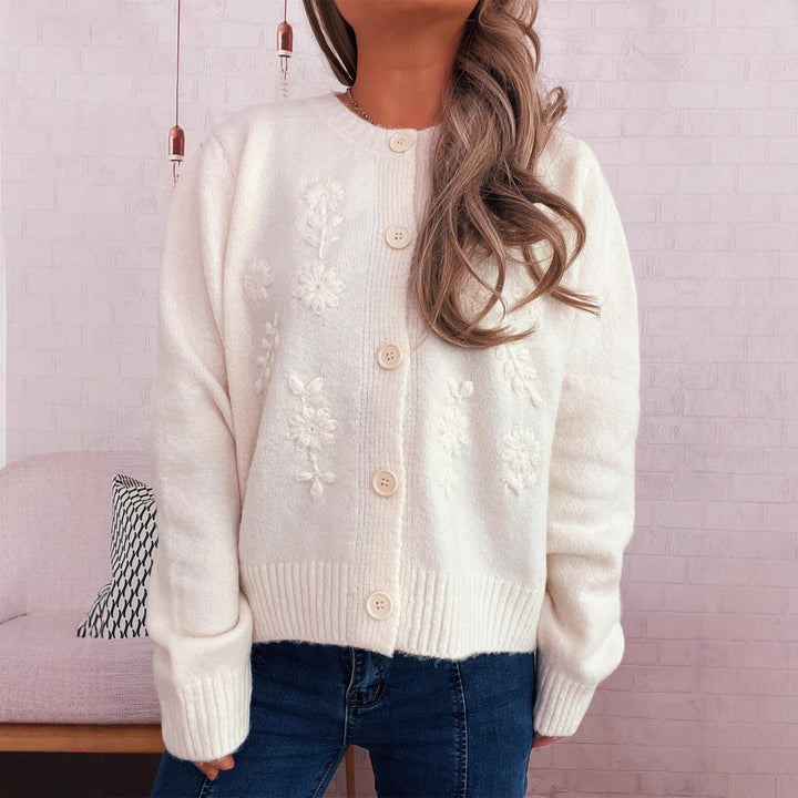 Kvinders løstsiddende strik cardigan med blomsterapplikationer og knapdetaljer Stilla