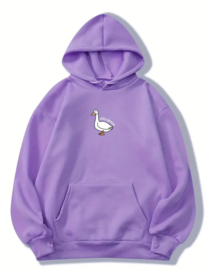 Dame hoodie med kreativ gåsemotiv og blødt fleece indeni Stilla