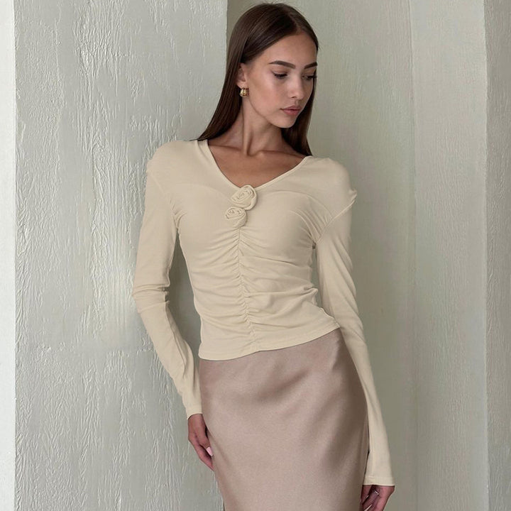 Dame Langærmet skjorte med flæse detaljer og elegant knap dekoration Stilla