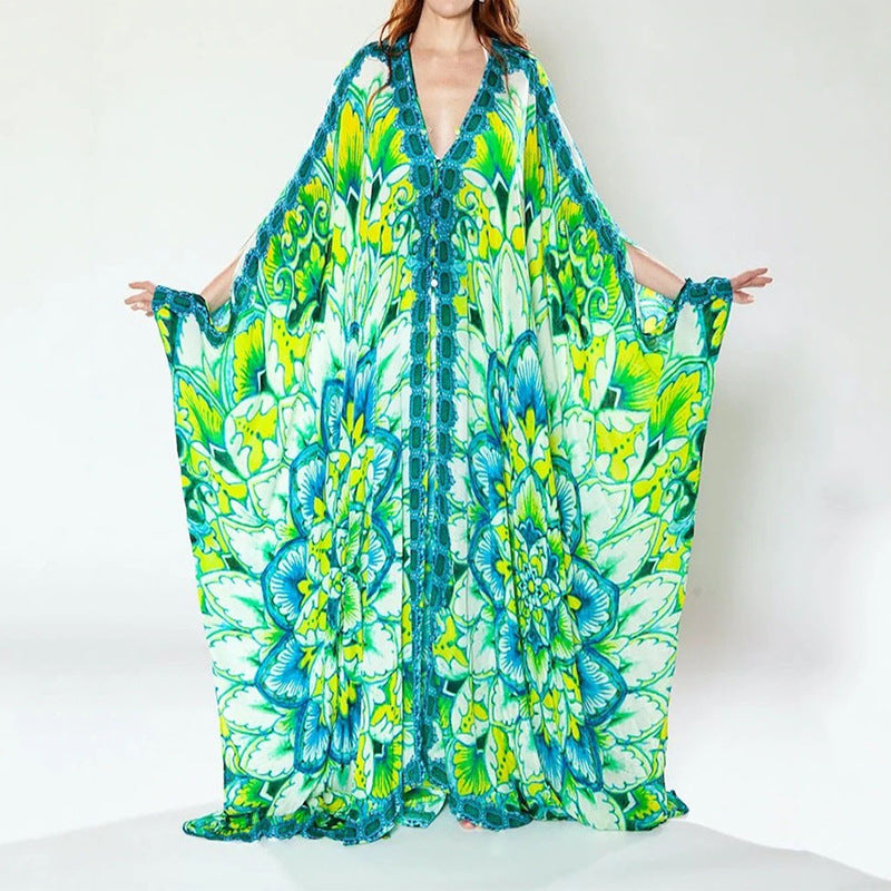 Dame luftig Maxi-Kaftan med blomsterdesign og elegant V-udskæring Stilla