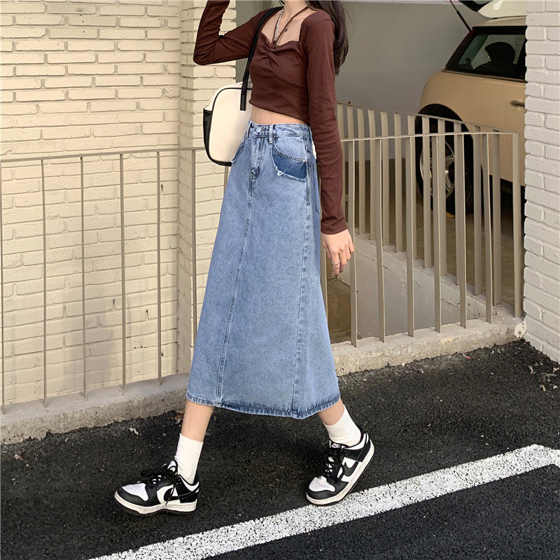 Kvinders Maxi Denim Skirt med Høj Talje og Side Split Stilla