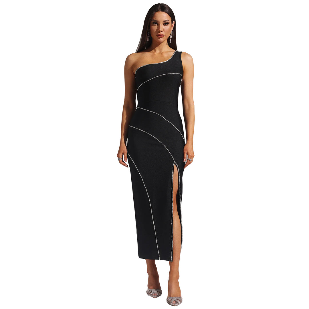 Dame Elegant One-Shoulder Midikjole med raffinerede kontrastsømme og høj slids Stilla