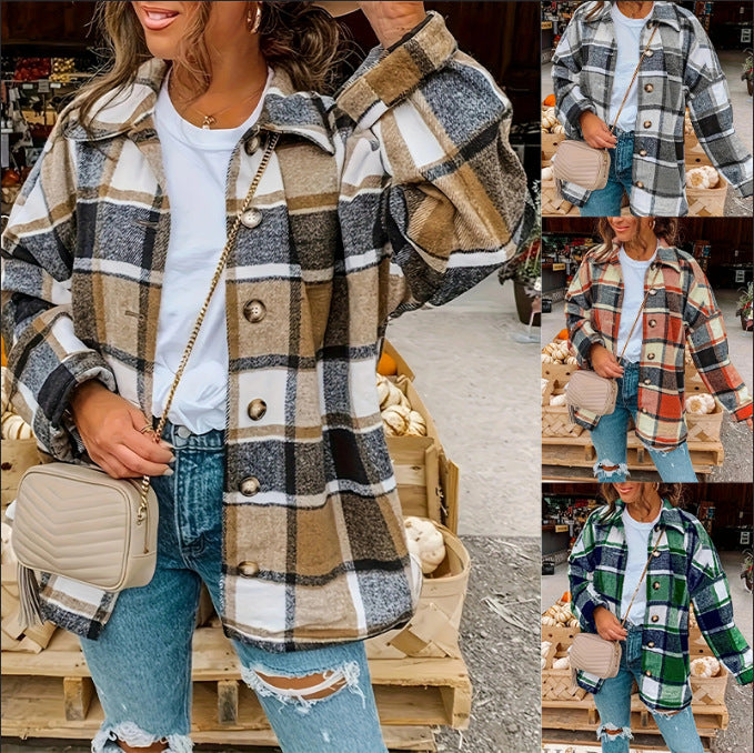 Dame Tjekket Flanneljakke med Knapdetaljer og Casual Snit Stilla