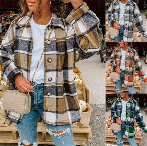 Dame Tjekket Flanneljakke med Knapdetaljer og Casual Snit Stilla