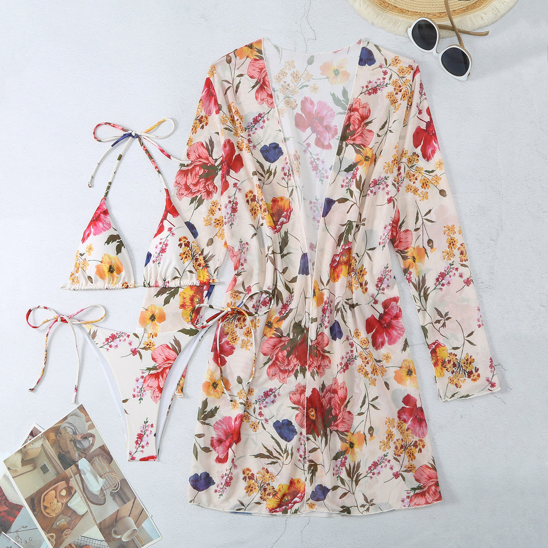 Dame Badetøjssæt med blomster kimono og blomstrende bikini Stilla
