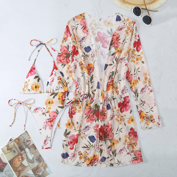 Dame Badetøjssæt med blomster kimono og blomstrende bikini Stilla