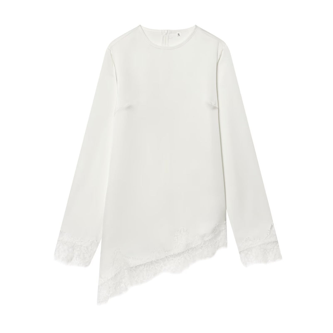 Dame asymmetrisk bluse shirt med spidsudsmykning Skovae