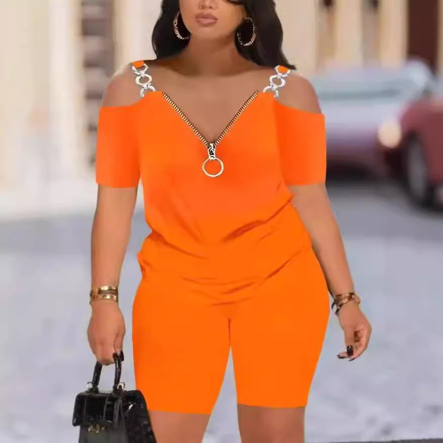 Dame Fashionabel Jumpsuit med Off-Shoulder-Udskæring og Lynlås Skovae