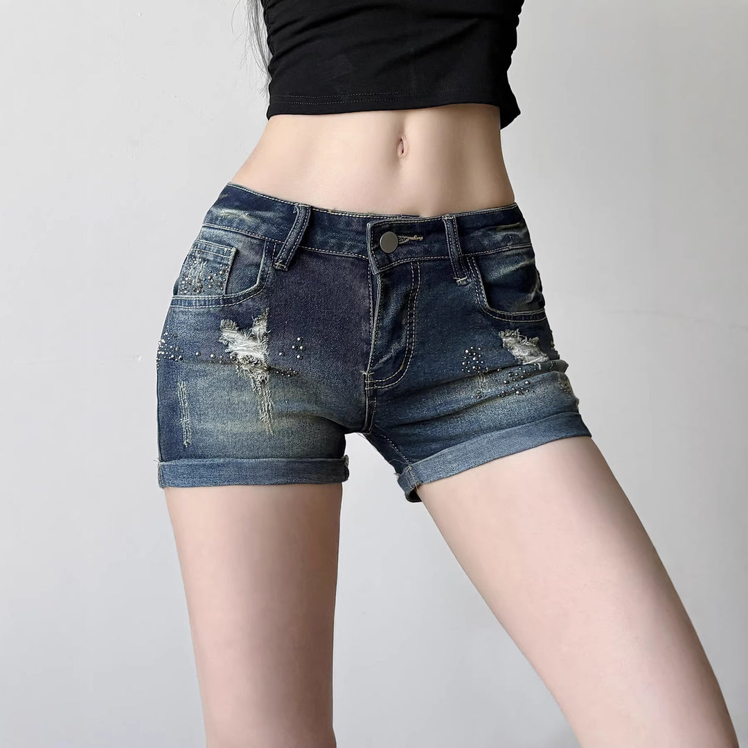 Dame jeans-shorts med glitrende accenter og moderigtigt design Skovae