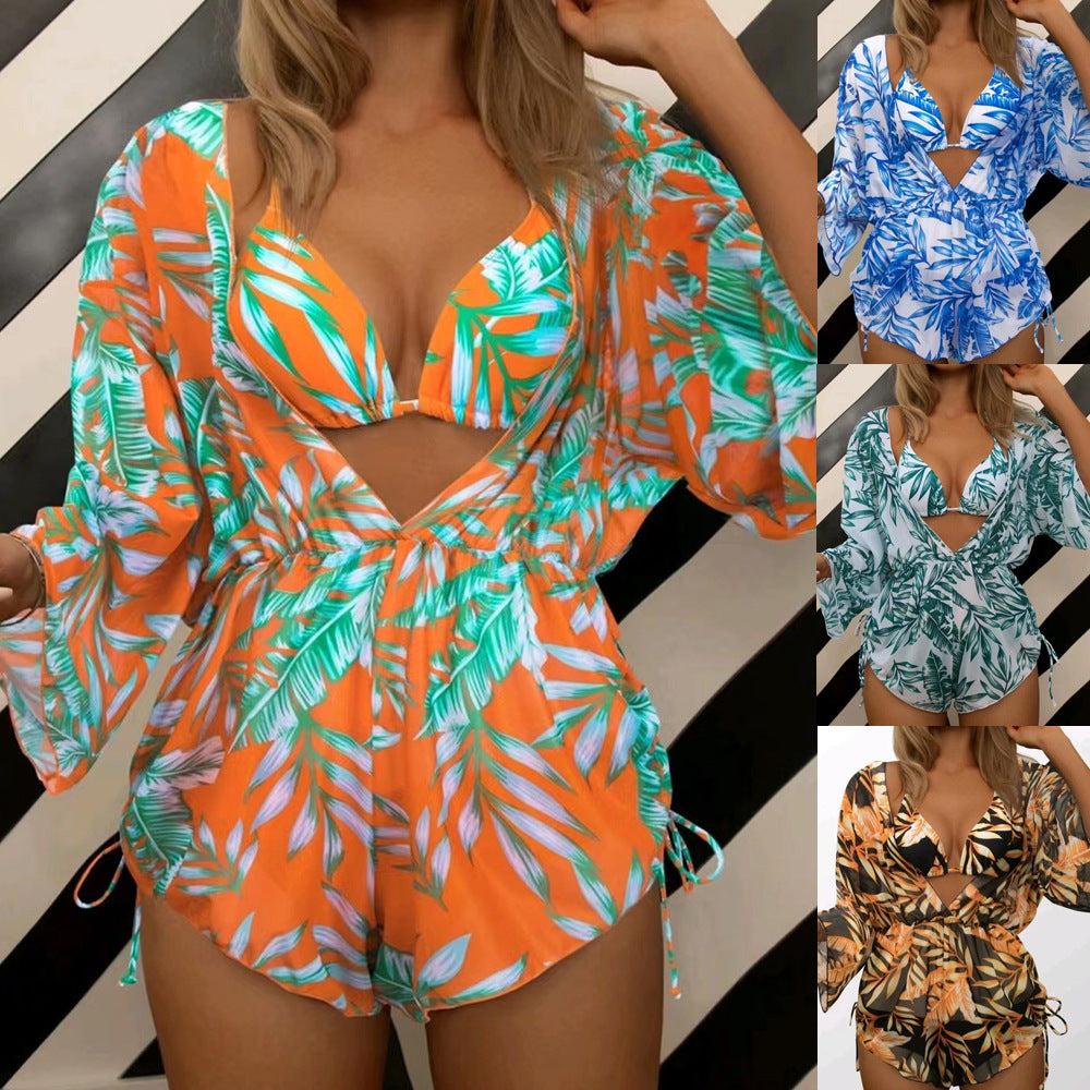 Damer strandoutfit i sæt med kombineret bikini og afslappet kaftan Skovae