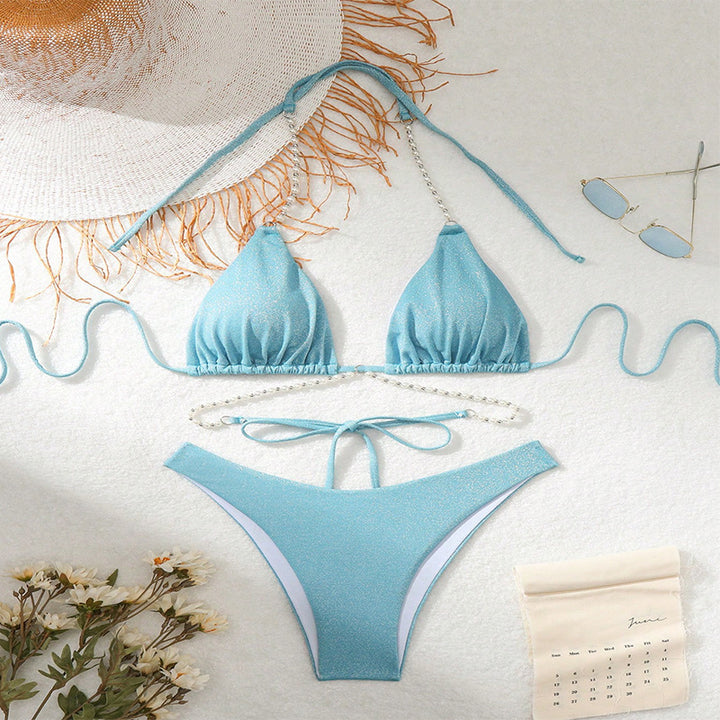 Dame bikini-sæt med glitrende detaljer og justerbar neckholder Stilla