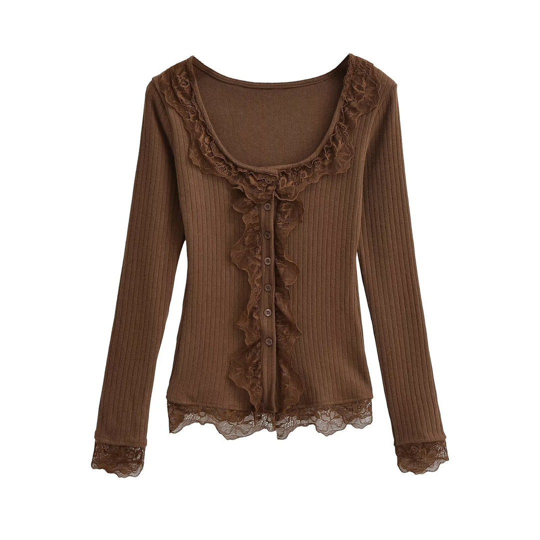 Dame Rib-strikoverdel med elegant spetskant og knapliste Stilla