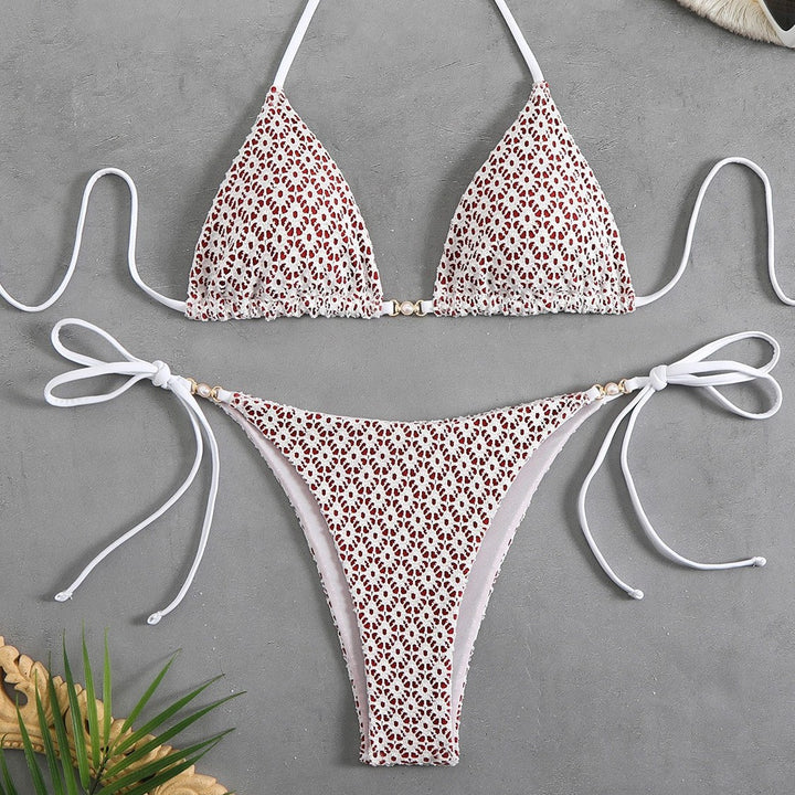 Dame triangle bikini med filigranet blomsterdesign og charmerende sløjfer Skovae