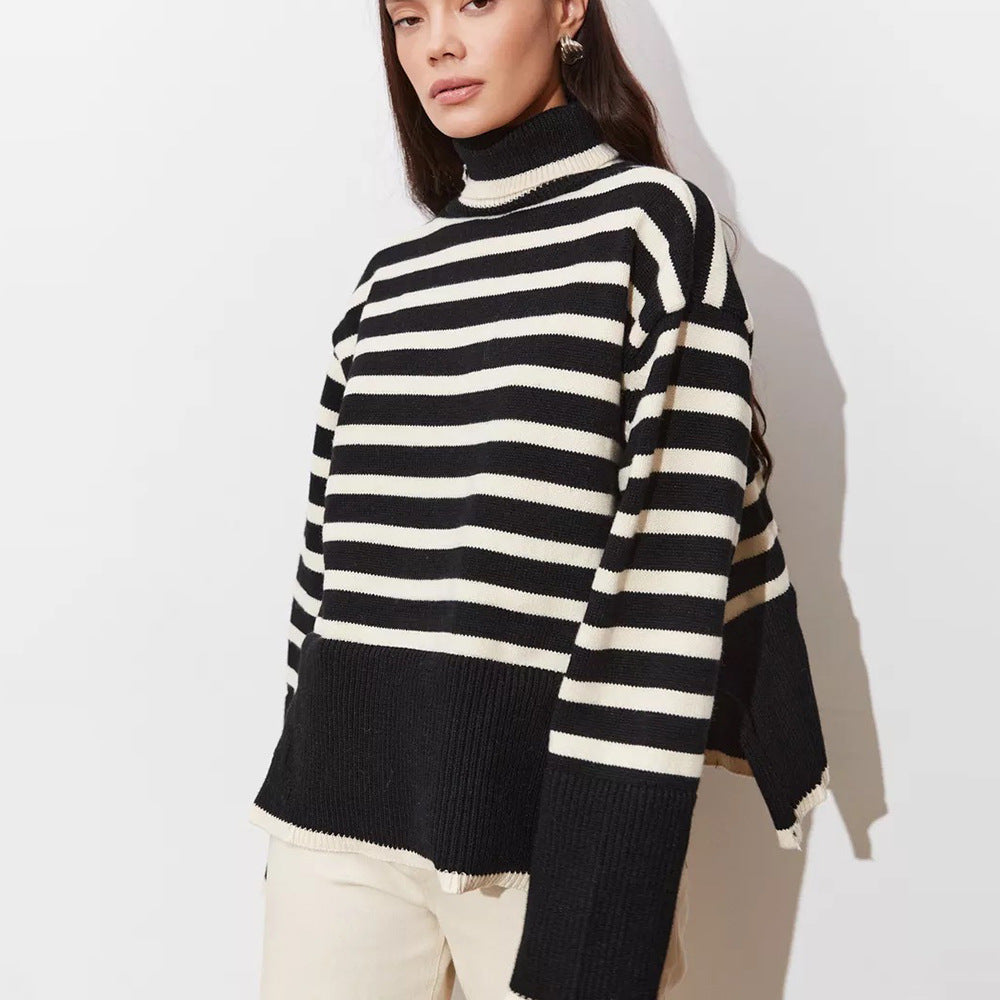 Kvinders chunky strikpullover med høj krave og Breton striber Stilla