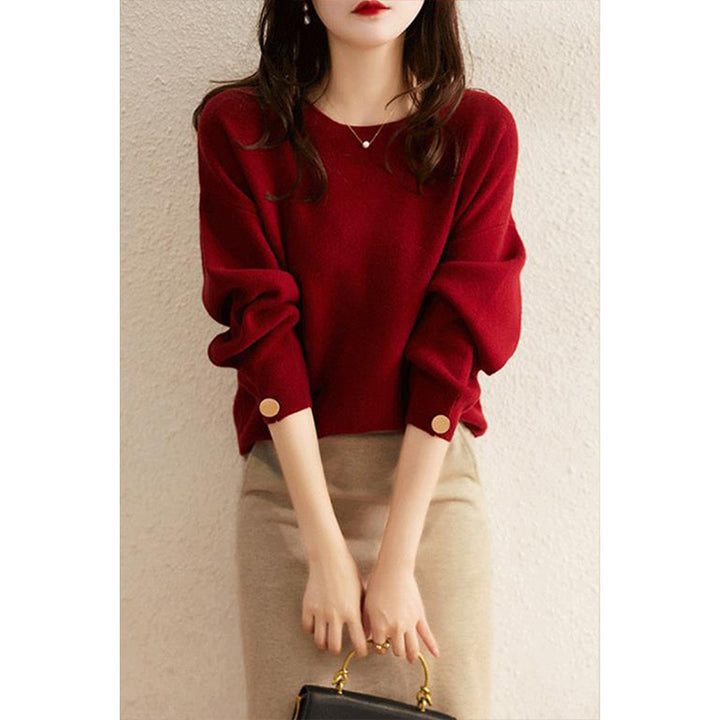 Dame elegant strikpullover med tidløst V-hals og moderne puffærmer Stilla