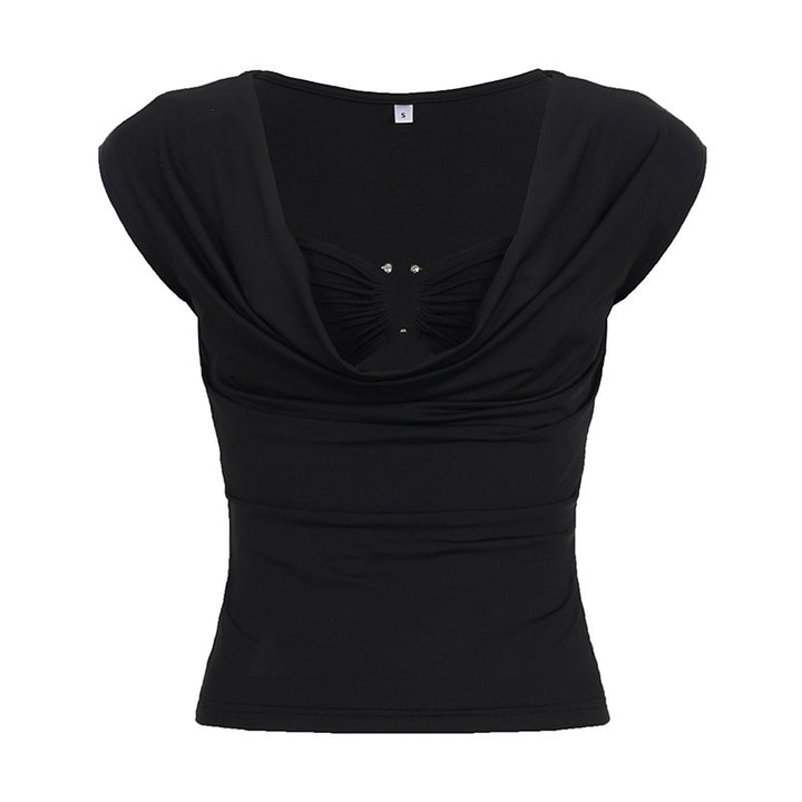 Dame elegant top med moderne draperingsdesign og dekorative rhinsten detaljer Skovae
