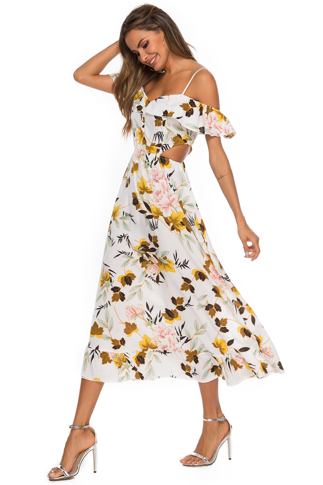 Dame Off-Shoulder Maxikjole med Ruffles detaljer og blomster mønster Stilla