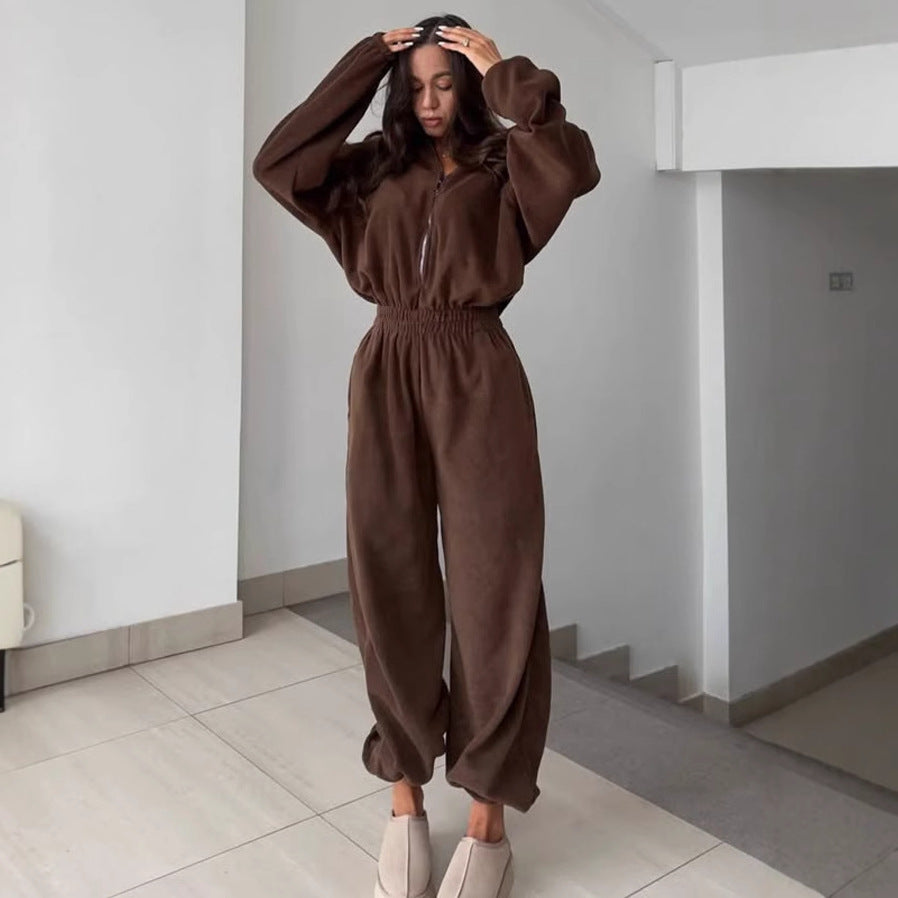 Kvinder Oversized Fleece Jumpsuit med Standkrave og Elastisk Talje Skovae