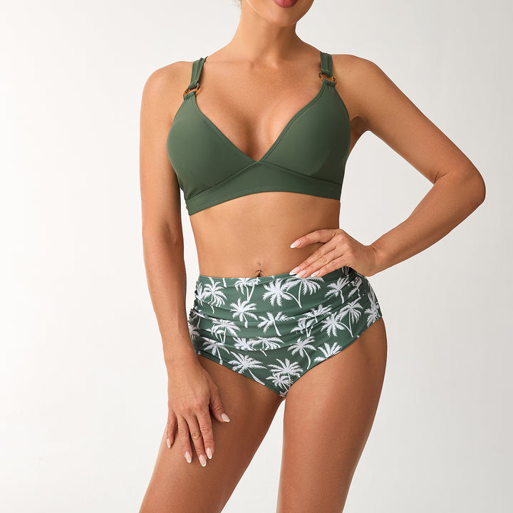 Dame Høj taljet Bikini-sæt med justerbare stropper og stilfuldt palmeprint Skovae
