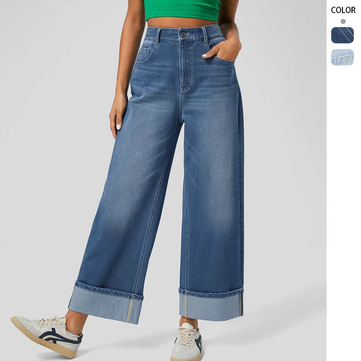 Kvinder Bred Skåret Denim Bukser med Opfoldet Kant Stilla