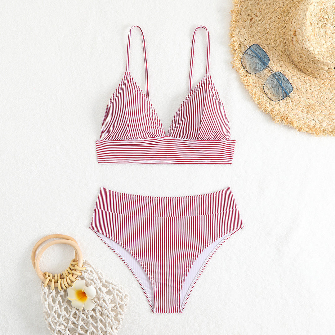 Dame High-waisted bikini sæt med fine striber Skovae