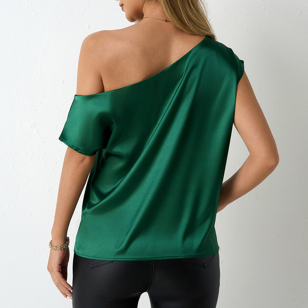 Dame elegant, skulderfri satinbluse med flydende snit Skovae