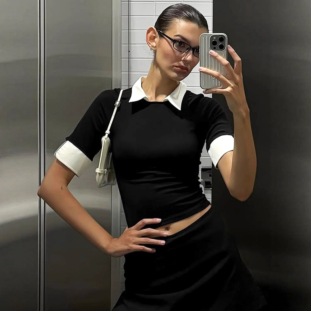 Damen cropped T-Shirt mit elegantem Kragen und Halblangen Ärmeln Skovae
