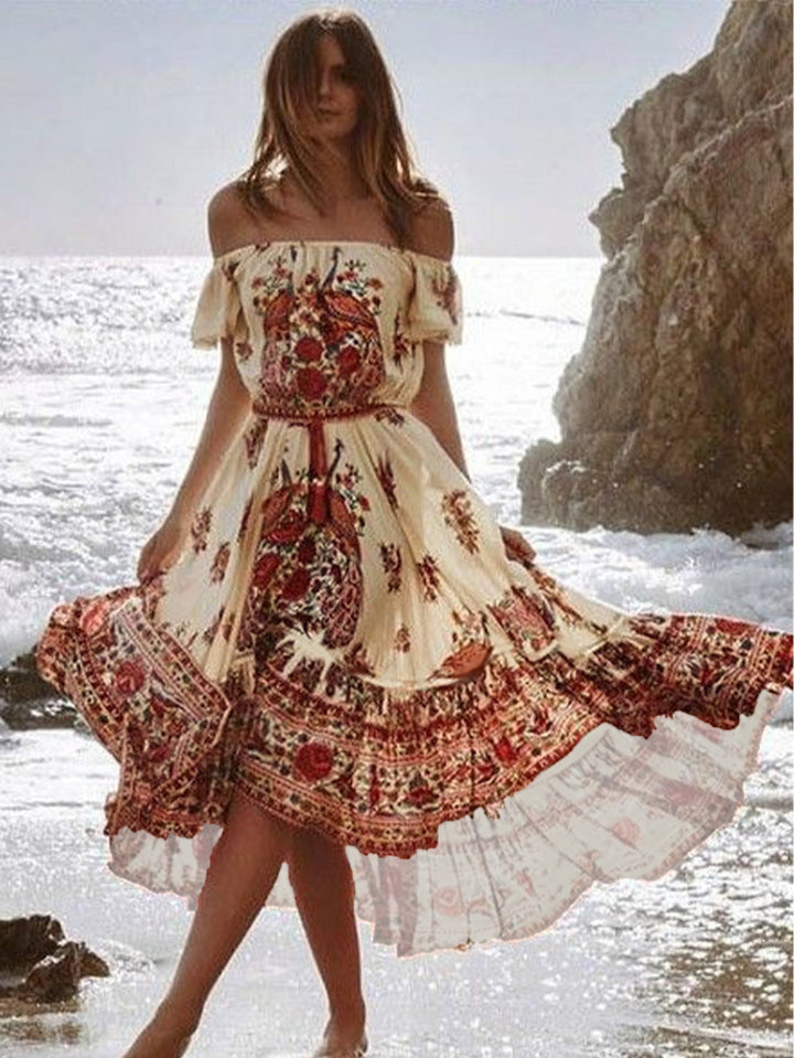 Dame Off-the-Shoulder Bohemian Floral Maxi Kjole Stilla