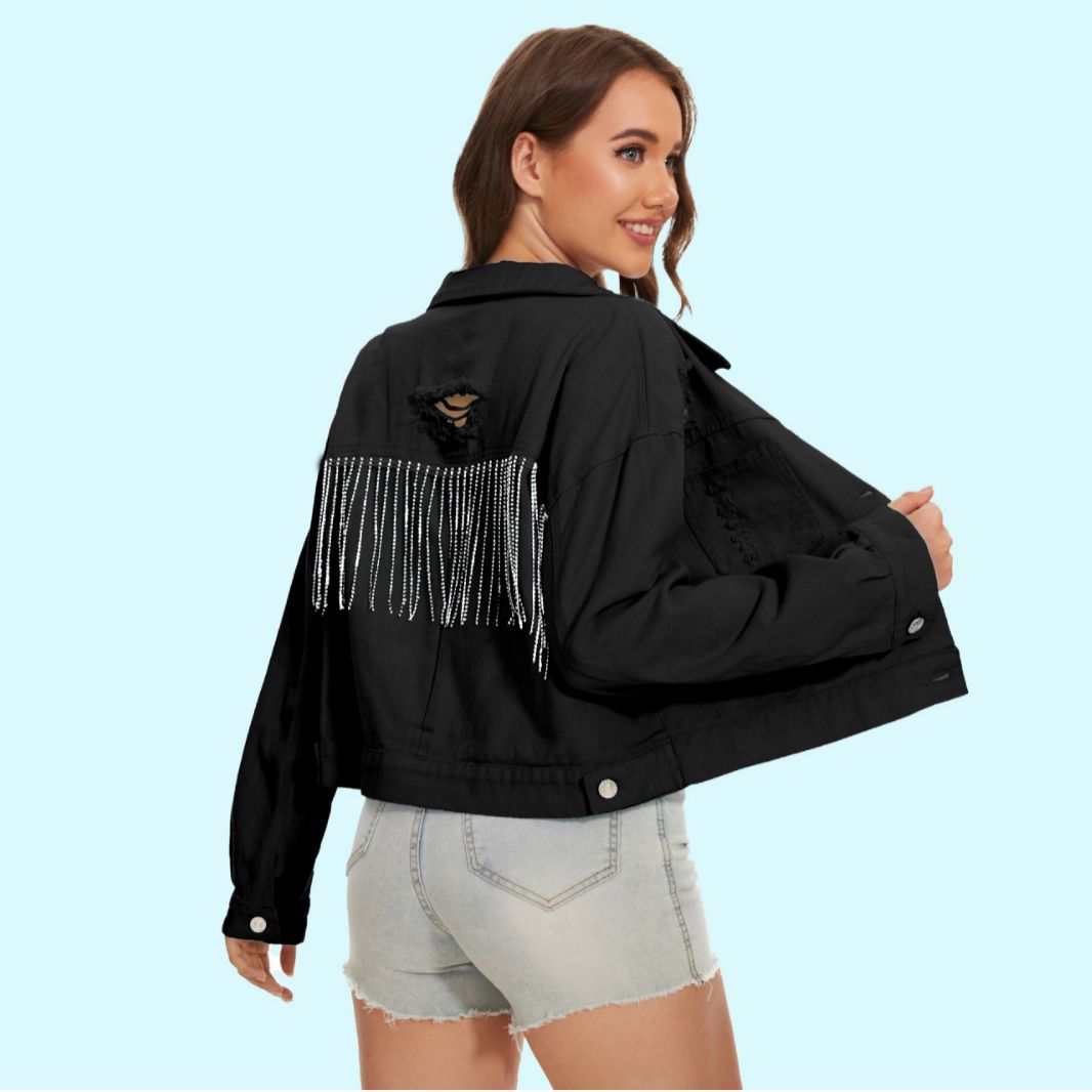 Dame denimjakke med iøjnefaldende frynsedesign og dekorative detaljer Stilla