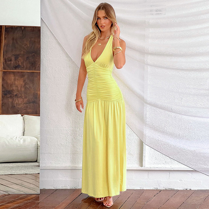Femme Elegantes Halterneck Maxi-Kjole med Rynkning Stilla