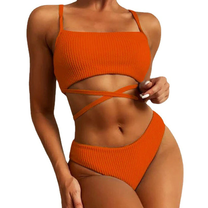 Damer Høj skåret Rib-Bikini med Krydsdetaljer Skovae