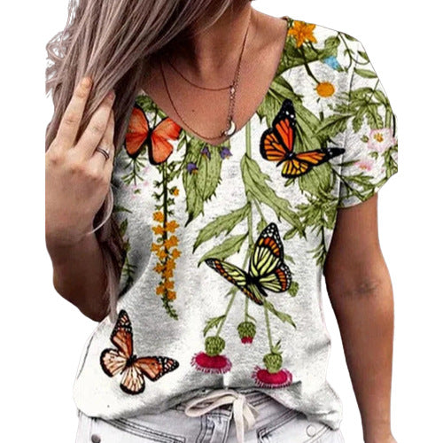 Dame Floral Sommerfugl Grafik T-shirt Stilla