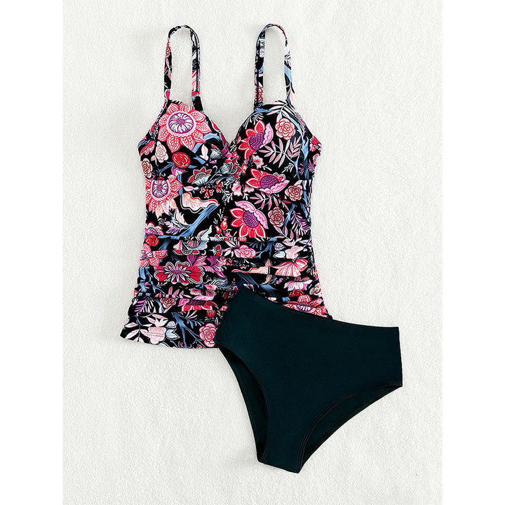 Dame Floral Print Rynket Tankini Sæt Stilla