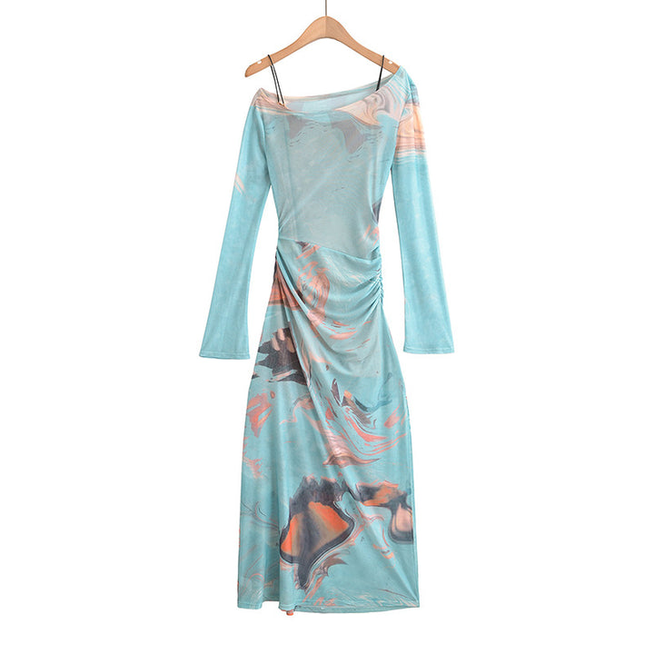 Dame Maxikjole med elegant draperingsdesign og unik marmoreringseffekt Stilla