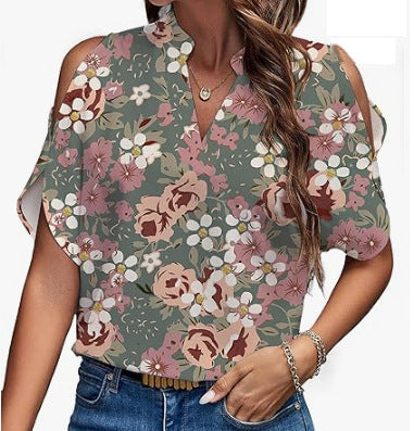 Dame Trendy Bluse med Cut-Out ærmer og blomstermønster Stiila