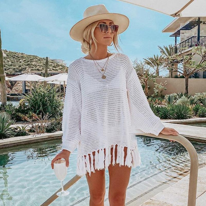 Dame hæklede strandpullover med frynset detaljer Stilla