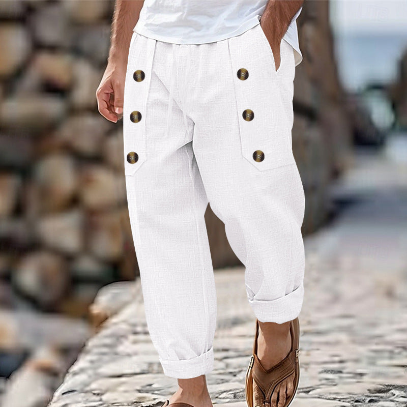 Herren nan loose linen pants with decorative button stripes, rolled ankle hem and side pockets Skovae