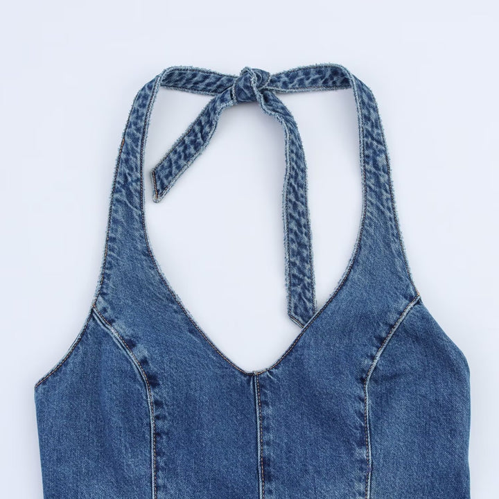 Dame jumpsuit i denim med krydsstropper Skovae