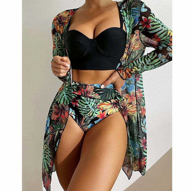 Dame bikini-sæt med floral kimono og polstret top Stilla