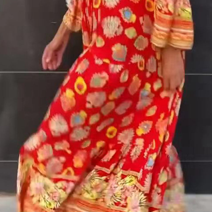 Dame nan luftig kaftan-midikjole med folkloreinspireret båndtryk, V-udskæring, kvastbånd og flæseklokkeærmer Skovae