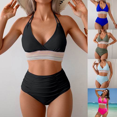 Dame Højskåret Bikini-Sæt med rynket top og justerbare stropper Stilla