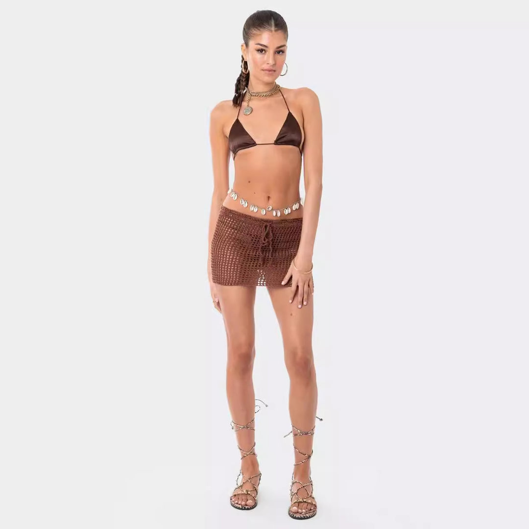 Dame hæklede strand-outfit med justerbar top og shorts Skovae
