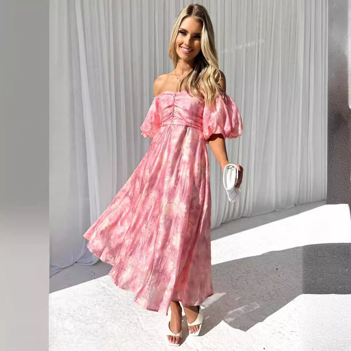 Kvindernes midi kjole med puffærmer og blomsterdesign Stilla