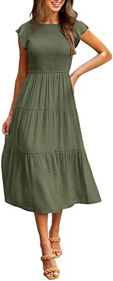 Dame midikjole med elastisk overdel og flydende skørt Stilla