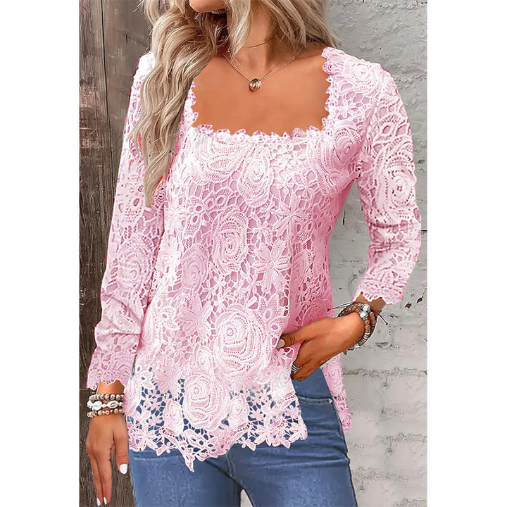 Dame spidsbluse med elegant firkantet udskæring og florale motiver Stilla